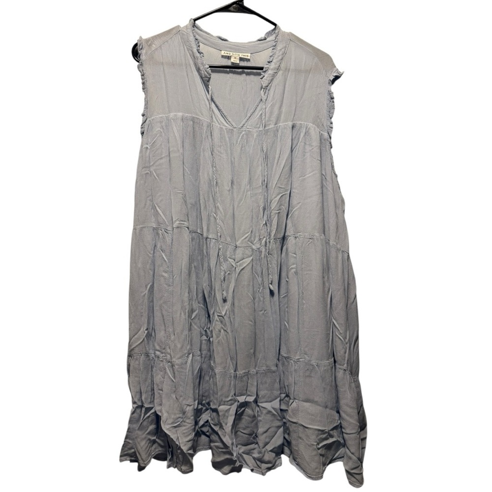 And Now This Light Gray Flowy Tiered Ruffle Sleeveless Tie-Neck Boho Dress Sz 1X
